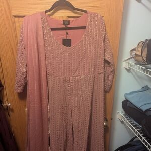 Indya Elegant Pink Embellished Dress with Dupatta